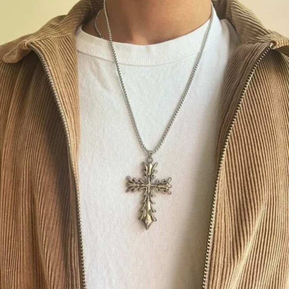 grunge silver cross pendant necklace